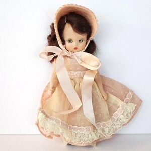 Vintage Nancy Ann Storybook Doll Sleepy Eyes Brown Hair Pink Hat Bonnett 1822
